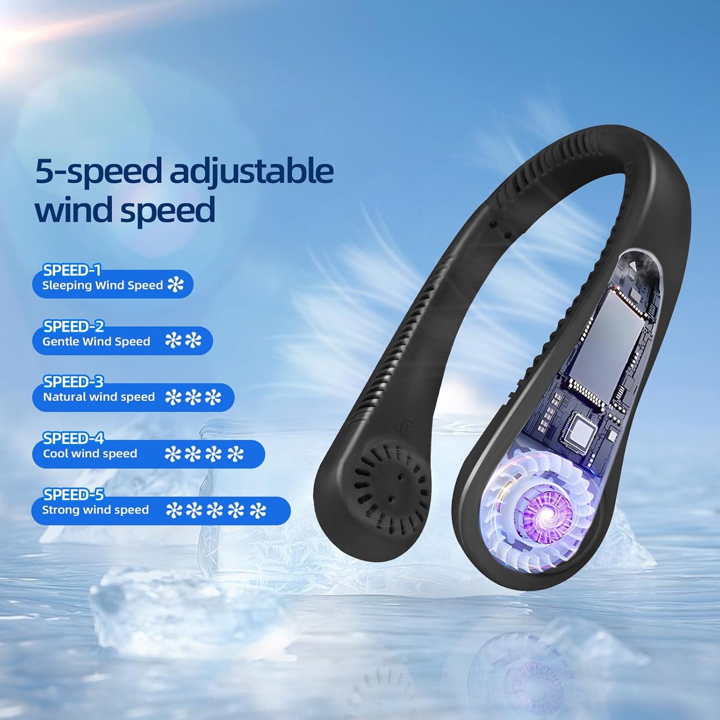 Portable Neck Fan, Neck Fans USB Rechargeable, 5 Speed Hanging Bladeless Fan,360 Degrees Airflow Neck Fans for Men Women Rechargeable (Black)