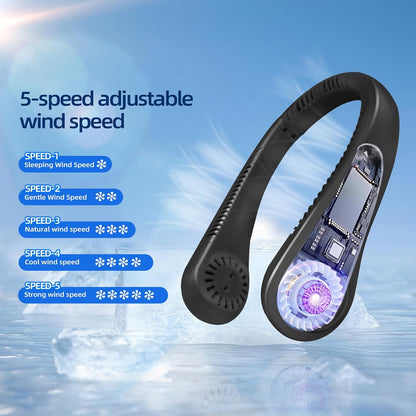 Portable Neck Fan, Neck Fans USB Rechargeable, 5 Speed Hanging Bladeless Fan,360 Degrees Airflow Neck Fans for Men Women Rechargeable (Black)