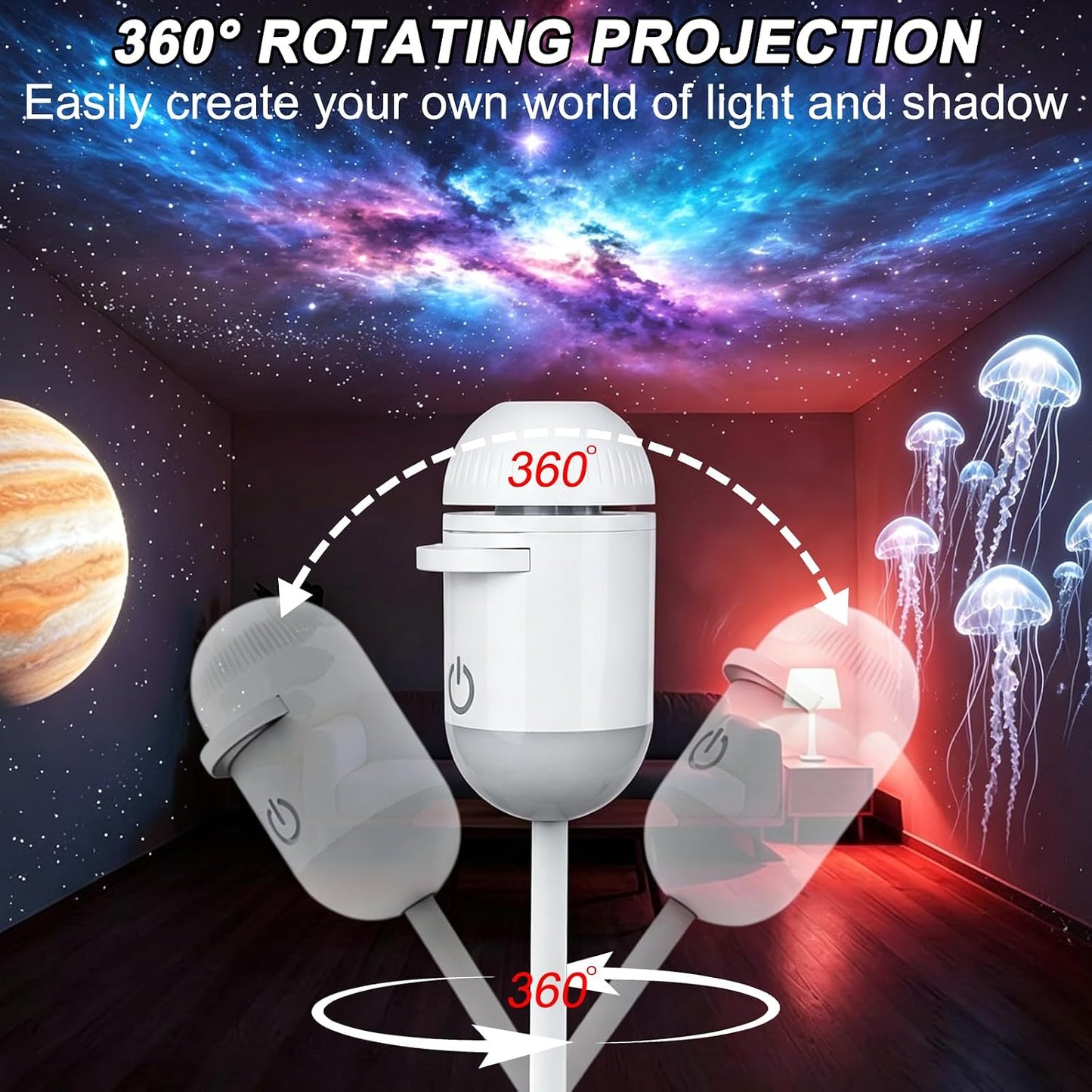 2-In-1 Galaxy Projector - Galaxy Night Light with 12 Projection Films，360°Adjustable Space Led Lights, Starry Planetarium Projectors with Dimmable Night Light for Car, Bedroom, Party