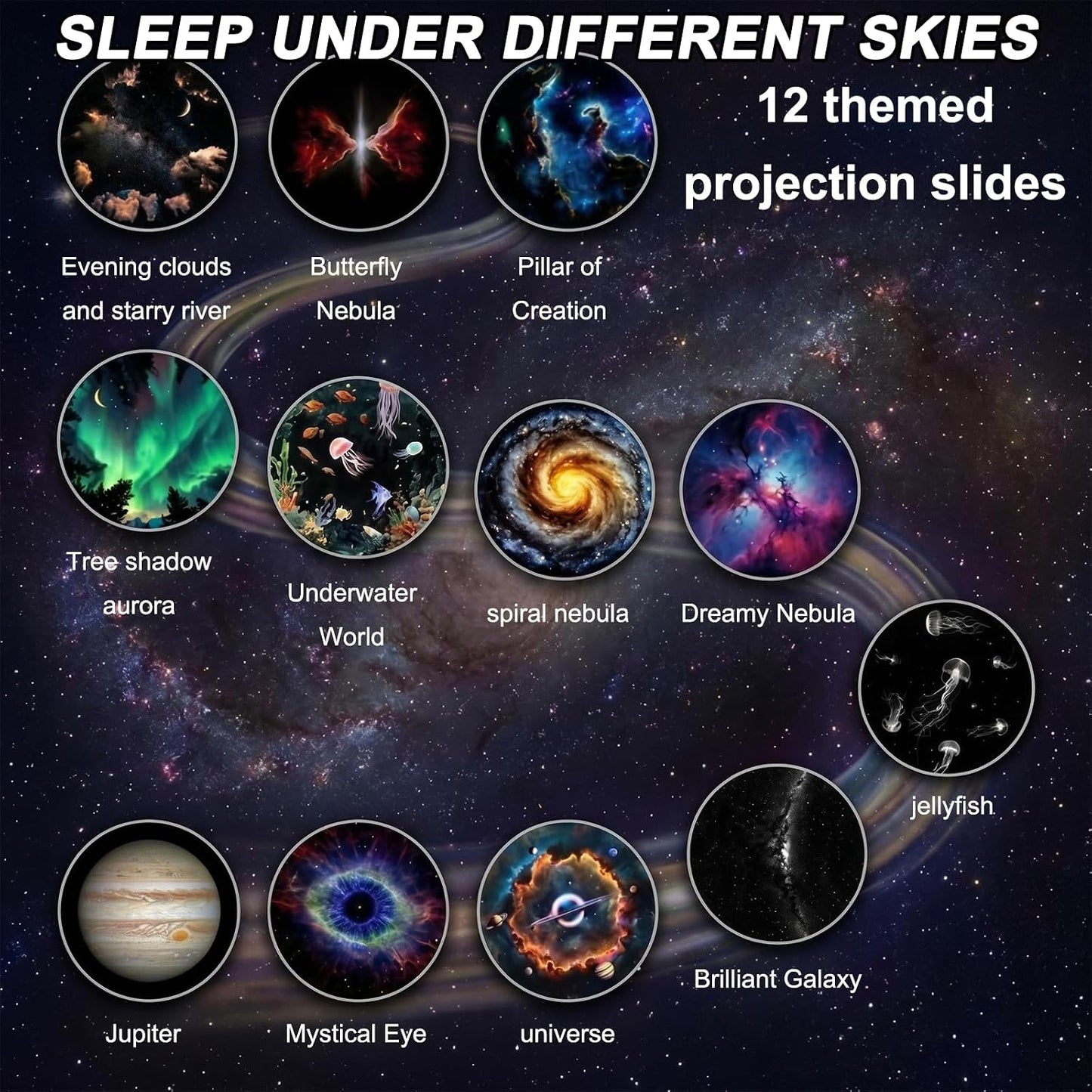 2-In-1 Galaxy Projector - Galaxy Night Light with 12 Projection Films，360°Adjustable Space Led Lights, Starry Planetarium Projectors with Dimmable Night Light for Car, Bedroom, Party