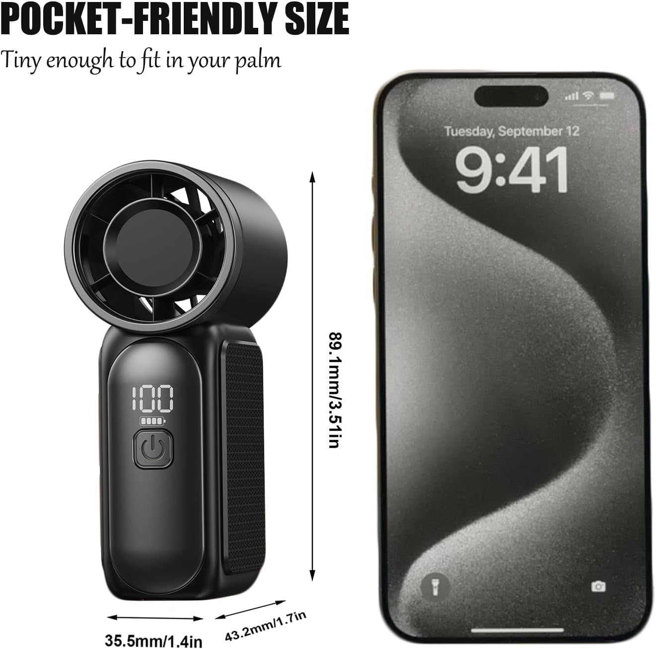 Portable Handheld Mini Fan, 6 Speeds 16900 RPM High Velocity Personal Summer Essential with LED Display, USB Rechargeable, with Lanyard for Makeup, Travel, Outdoor, Gift for Women Girl (Black)